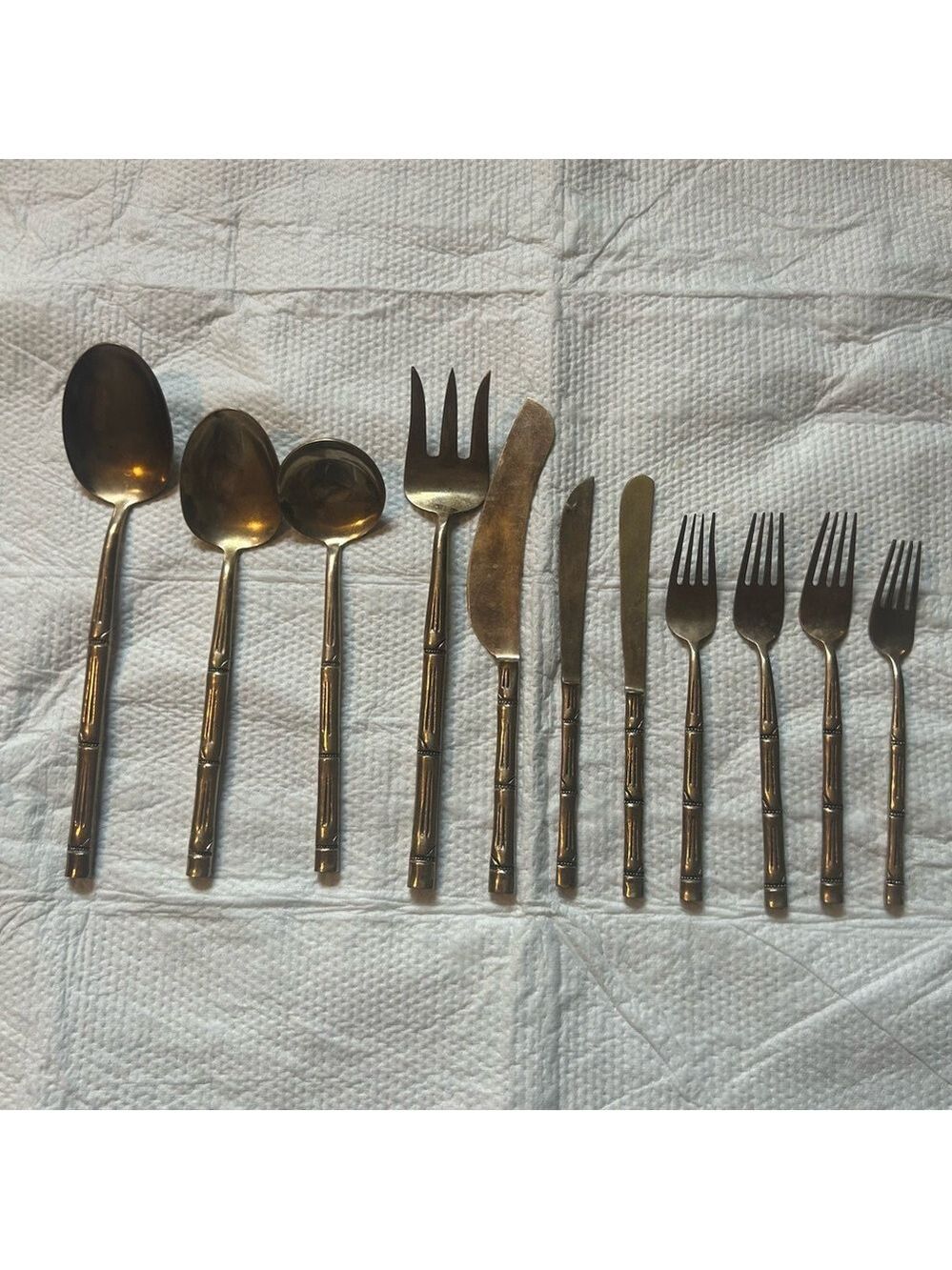 VTG Mid Century Serving Utensils Nickel Bronze Bamboo Design Set of 11 Gold Tone